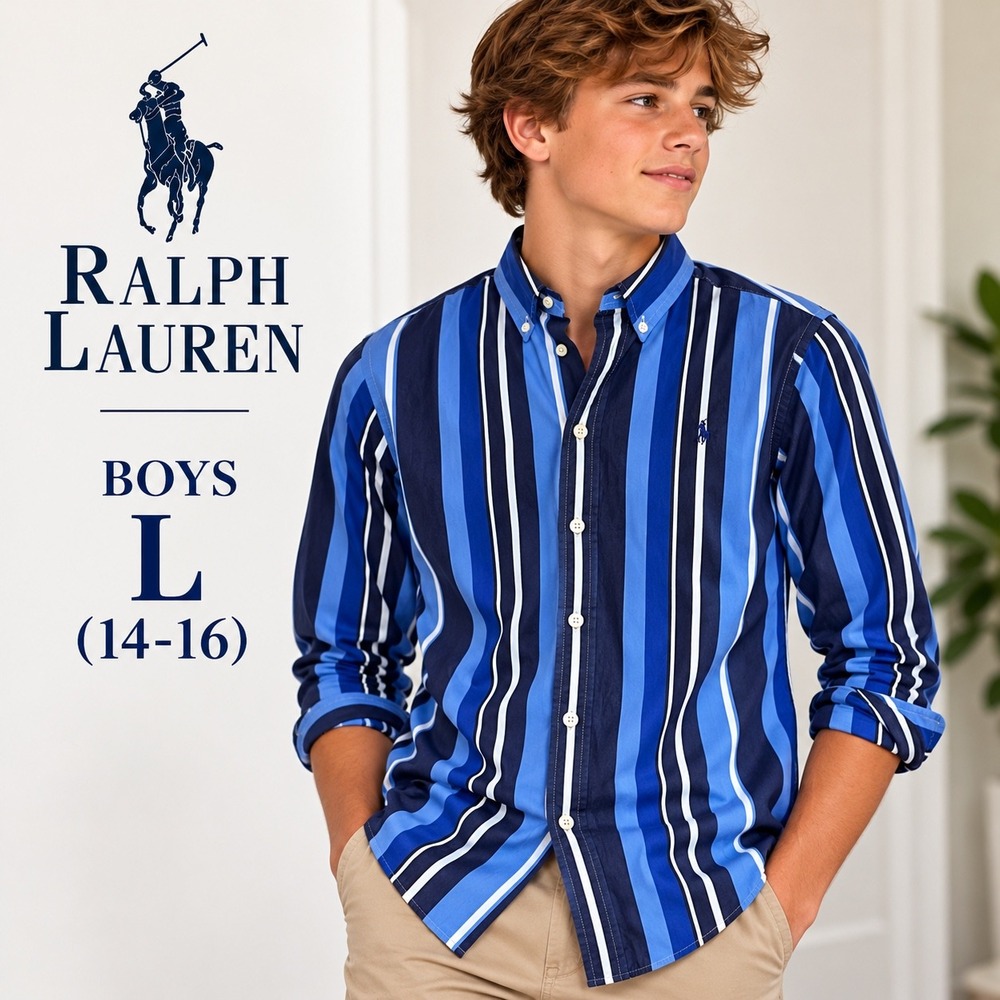 Ralph Lauren Button Down Shirt Boys L 14-16 Blue White Striped Long Sleeve Pony